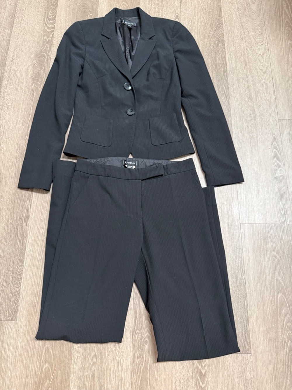 bebe Black Pinstripe Two-Piece Pantsuit Jacket & Pants